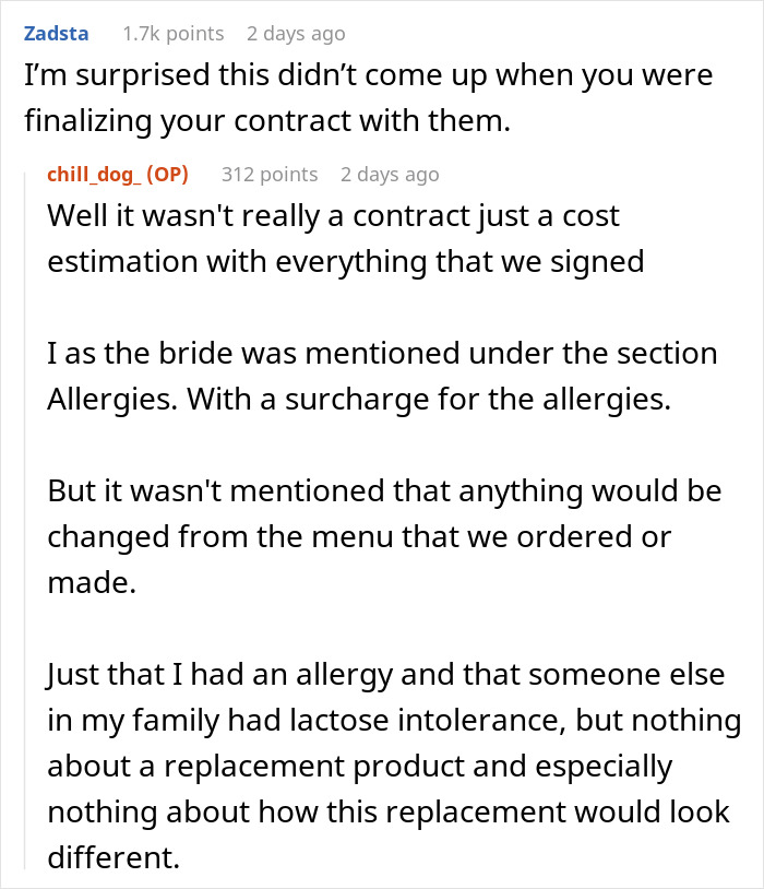 Comments discussing wedding vendors and the bride’s allergy causing no cupcakes being provided at the event Comments discussing wedding vendors and the bride’s allergy causing no cupcakes being provided at the event