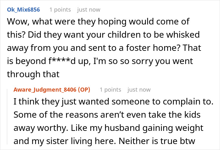 Reddit conversation about a couple banning toxic in-laws from visiting their newborn and being reported to CPS in retaliation. Reddit conversation about a couple banning toxic in-laws from visiting their newborn and being reported to CPS in retaliation.