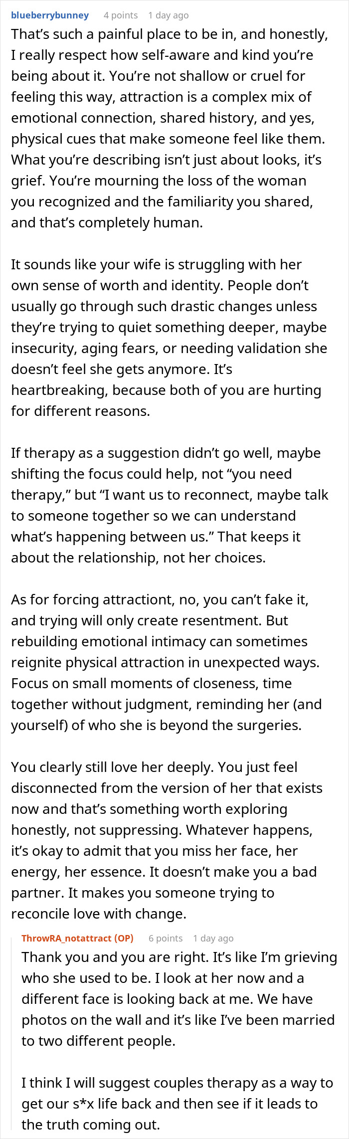 Screenshot of a Reddit thread discussing husband unattracted to plastic surgery changes in wife and emotional impact on their relationship. Screenshot of a Reddit thread discussing husband unattracted to plastic surgery changes in wife and emotional impact on their relationship.