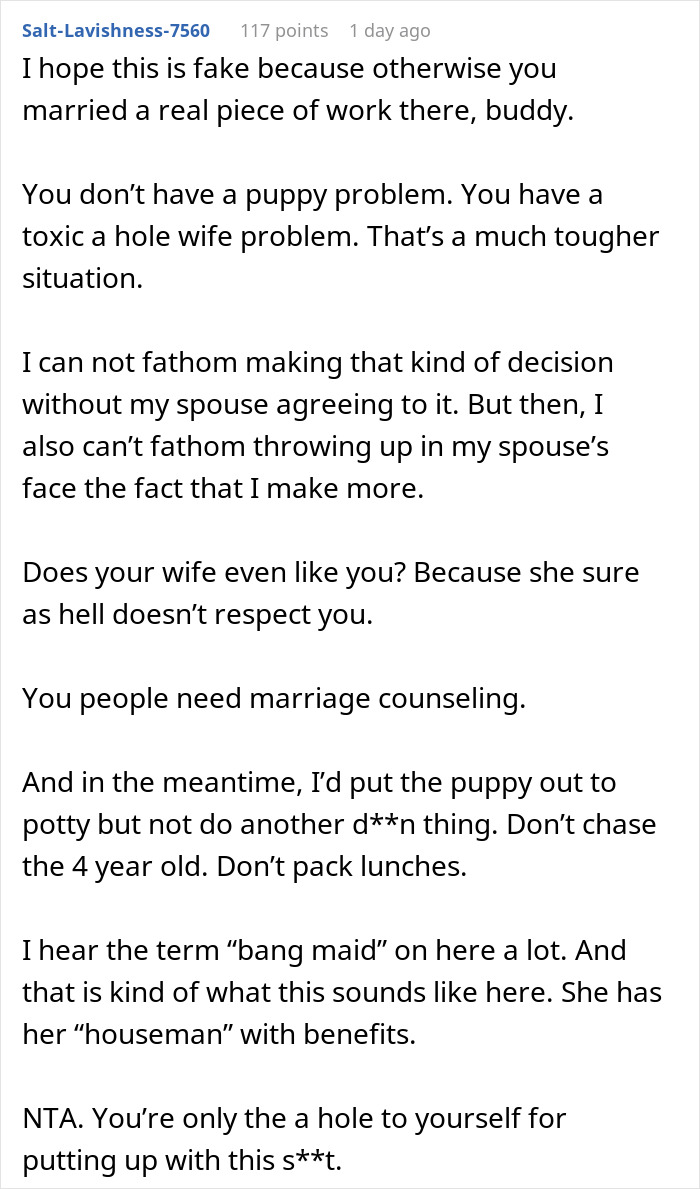 Text post showing a user commenting on relationship issues involving a man upset about unwanted puppy responsibility. Text post showing a user commenting on relationship issues involving a man upset about unwanted puppy responsibility.