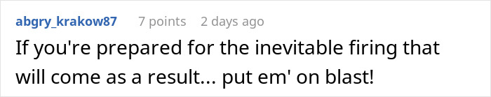 User comment discussing potential consequences of exposing management and HR to coworkers at work.