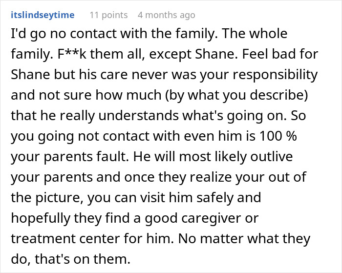 Comment discussing family challenges of caring for a disabled son and complexities of parental responsibilities. Comment discussing family challenges of caring for a disabled son and complexities of parental responsibilities.
