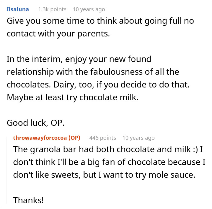 Reddit conversation about parents lied food allergies daughter no contact and discovering new foods like chocolate milk.