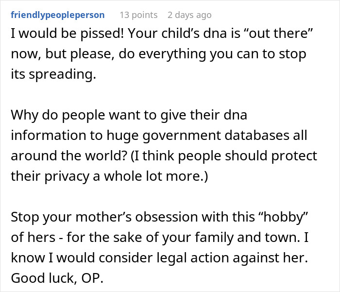 Comment expressing concern over privacy risks of ancestry tests and warns about nosy mother crossing boundaries.