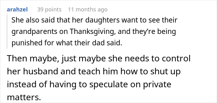 Alt text: Reddit comment discussing family conflict on Thanksgiving after man’s controversial theory upset BIL’s wife.