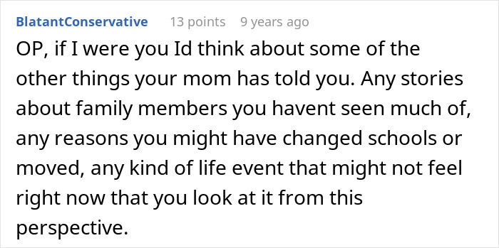 Reddit comment advising to reconsider stories from mom, relating to parents lying about food allergies and no contact issues.