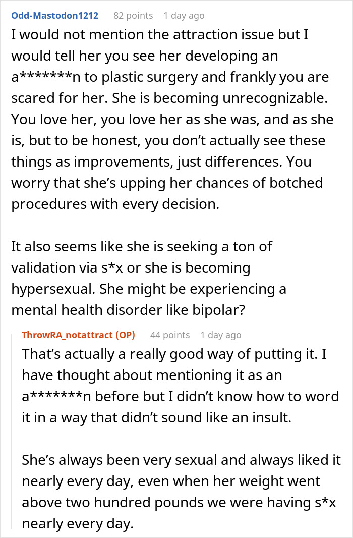 Reddit conversation discussing husband unattracted to wife after multiple plastic surgery changes and concerns about mental health.