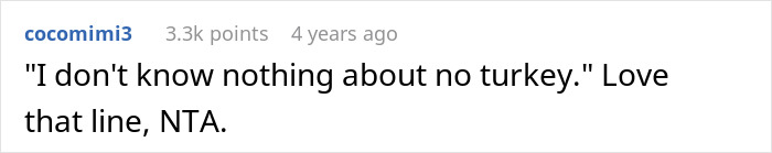 Screenshot of an online comment reading I don't know nothing about no turkey expressing frustration about Thanksgiving planning conflict. Screenshot of an online comment reading I don't know nothing about no turkey expressing frustration about Thanksgiving planning conflict.