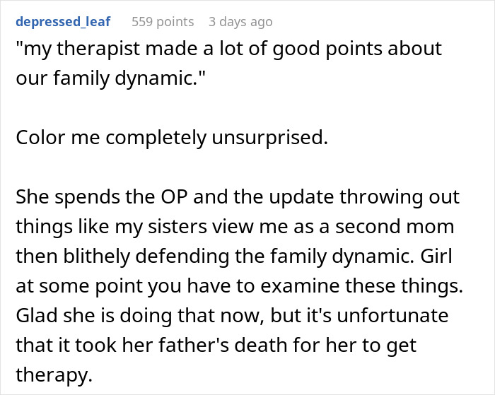Reddit comment discussing family dynamics and therapy after sister revealed dead brother lie within the family context.