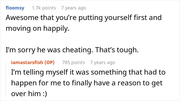 Screenshot of an online conversation discussing moving on after a relationship break with cheating involved. Screenshot of an online conversation discussing moving on after a relationship break with cheating involved.