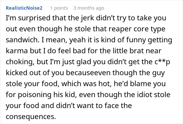 Reddit comment discussing a dad stealing a spicy chicken sandwich and chaos after the child vomits everywhere. Reddit comment discussing a dad stealing a spicy chicken sandwich and chaos after the child vomits everywhere.