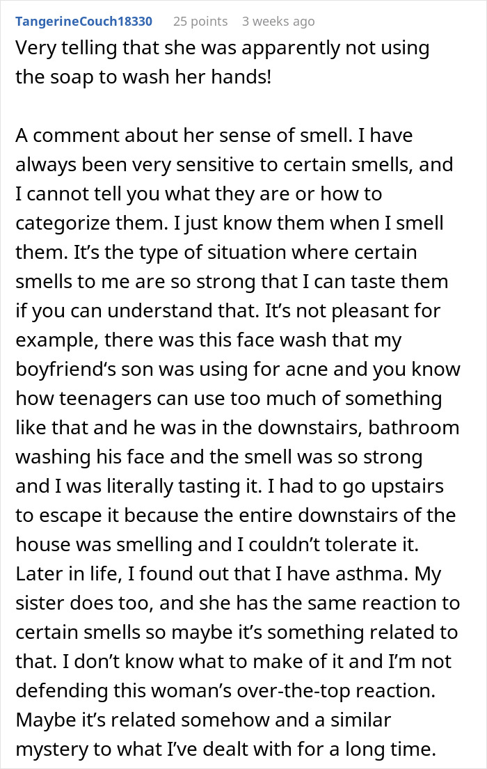 Comment describing coworker sensitive smells and how it makes her stop washing hands due to asthma and strong reactions.