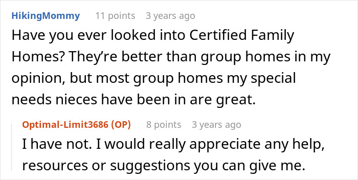 Screenshot of an online forum discussion about options for refusing living with a disabled sibling and care alternatives. Screenshot of an online forum discussion about options for refusing living with a disabled sibling and care alternatives.