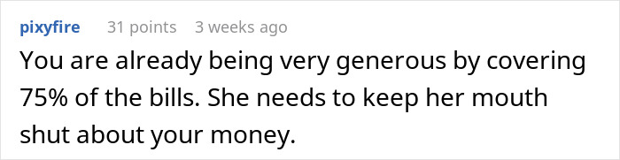 Comment discussing a woman demanding combined income while calling her boyfriend selfish with money in an online forum. Comment discussing a woman demanding combined income while calling her boyfriend selfish with money in an online forum.