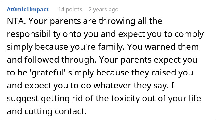 Screenshot of an online comment discussing setting boundaries about disabled brother’s care and family responsibility conflicts. Screenshot of an online comment discussing setting boundaries about disabled brother’s care and family responsibility conflicts.