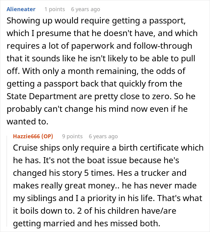 Comments discussing bride&rsquo;s father refusing to attend wedding not on American soil due to passport and personal issues.