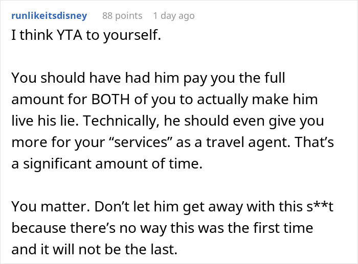 Screenshot of a social media comment discussing a boyfriend covering expenses for a birthday trip and a girlfriend’s role revealed.