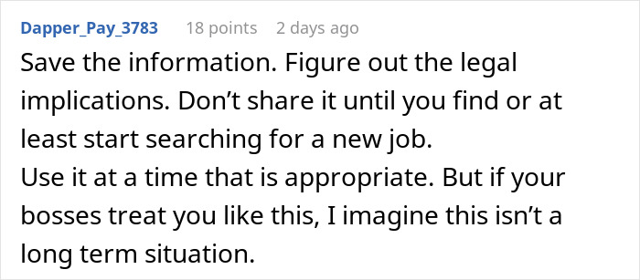 Comment advising caution on exposing management and HR to coworkers while considering legal risks and job search timing. Comment advising caution on exposing management and HR to coworkers while considering legal risks and job search timing.