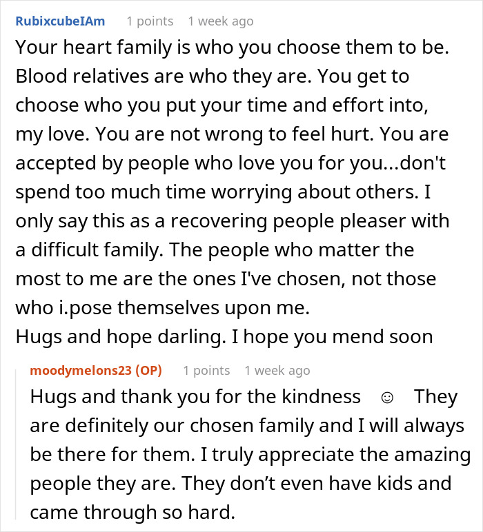 Comments discussing a woman with two kids struggling to get support and finding comfort in chosen family after surgery. Comments discussing a woman with two kids struggling to get support and finding comfort in chosen family after surgery.