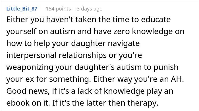 Comment discussing autism, a woman’s work trip that is a vacation, and her autistic child refusing to go home.