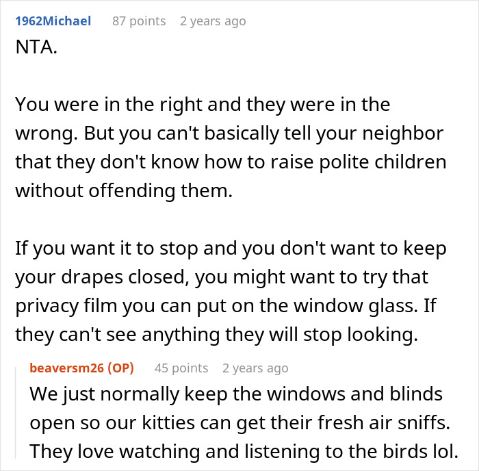 Screenshot of online discussion about neighbor blaming woman for privacy concerns and kids peeking through windows. Screenshot of online discussion about neighbor blaming woman for privacy concerns and kids peeking through windows.