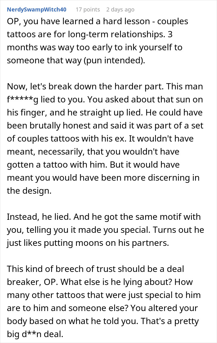 Couple discussing tattoo regret as woman reflects on boyfriend’s lie about matching tattoo with ex-partner. Couple discussing tattoo regret as woman reflects on boyfriend’s lie about matching tattoo with ex-partner.