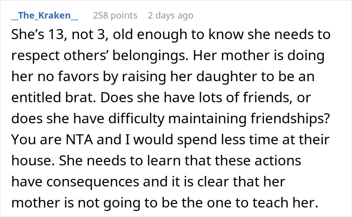 Comment discussing a 13-year-old using stepsister's gifts without permission and family reacting to stepsister&rsquo;s boundaries.