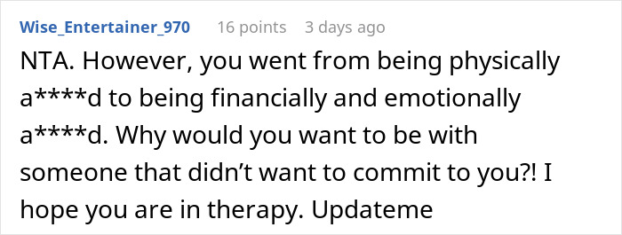 Comment discussing emotional and financial abuse in a relationship involving a millionaire boyfriend and loan repayment favor. Comment discussing emotional and financial abuse in a relationship involving a millionaire boyfriend and loan repayment favor.