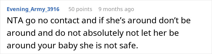 Comment warning about keeping a pregnant woman safe by going no-contact with her sister after a Thanksgiving conflict. Comment warning about keeping a pregnant woman safe by going no-contact with her sister after a Thanksgiving conflict.