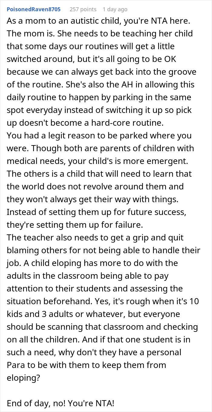 Comment discussing a mom standing her ground while balancing autistic student’s needs and her own injured child. Comment discussing a mom standing her ground while balancing autistic student’s needs and her own injured child.