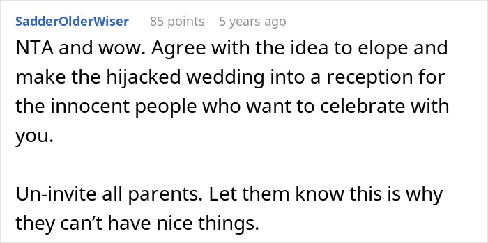 Comment discussing a couple's wedding sabotage by parents, suggesting eloping and turning the event into a reception for supportive guests.