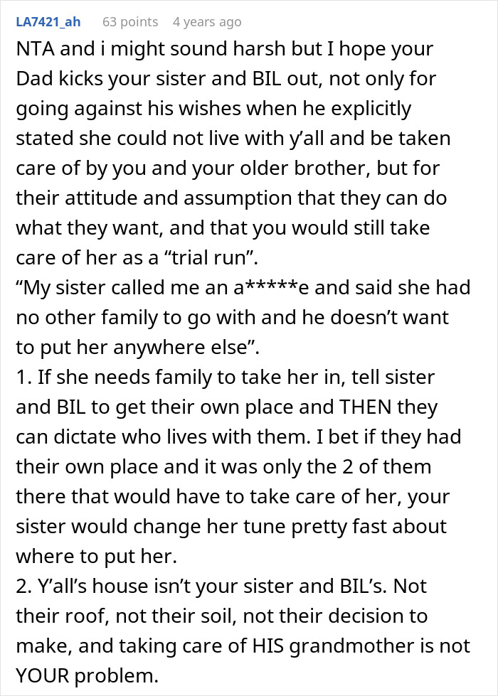 BIL tries to dump grandma on wife’s siblings, sister called selfish for refusing to take care of elderly family member. BIL tries to dump grandma on wife’s siblings, sister called selfish for refusing to take care of elderly family member.