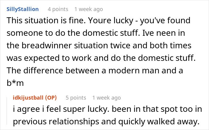 Screenshot of an online conversation about a woman proudly funding her stay-at-home boyfriend&rsquo;s kind and intelligent life.