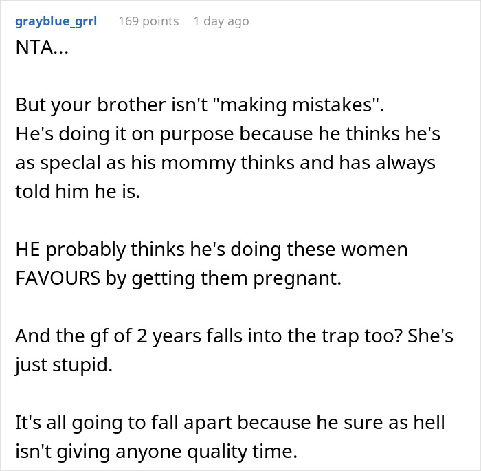 Comment discussing woman calling out brother for having four kids with four different women and recognizing his mindset. Comment discussing woman calling out brother for having four kids with four different women and recognizing his mindset.