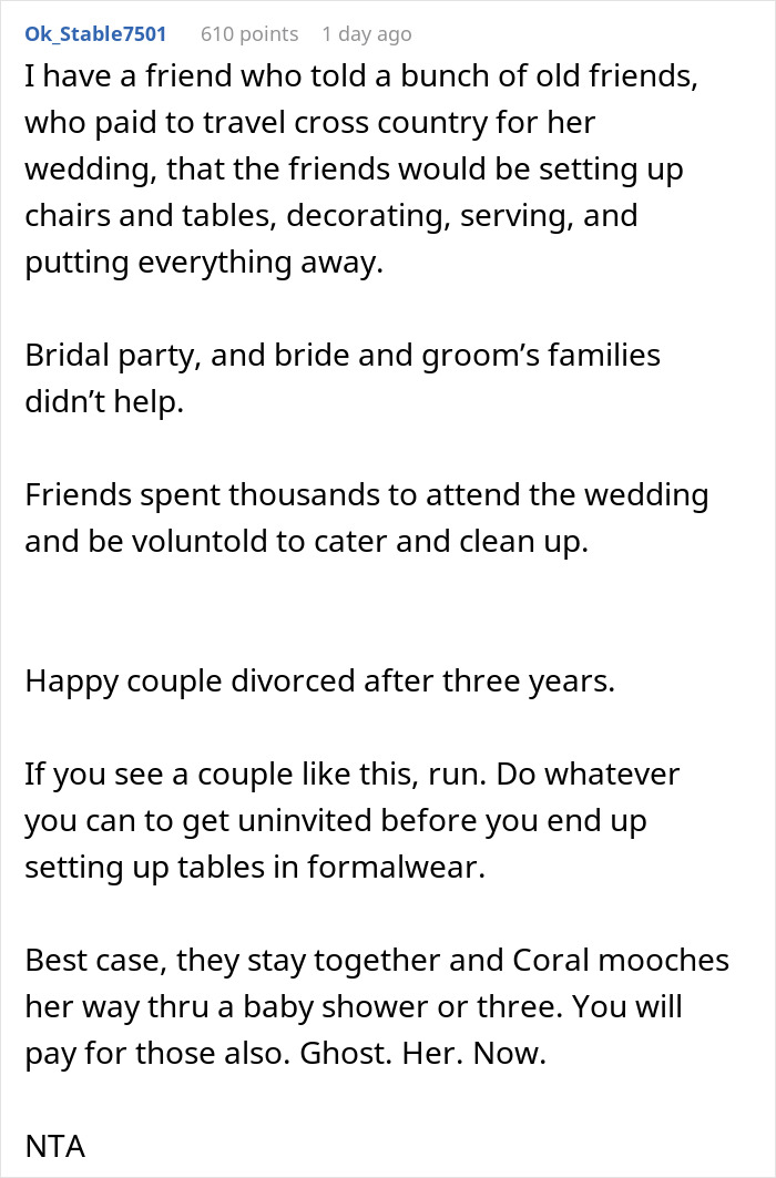 Bride thinks she can throw elaborate wedding without spending a cent but friends end up catering and cleaning up Bride thinks she can throw elaborate wedding without spending a cent but friends end up catering and cleaning up