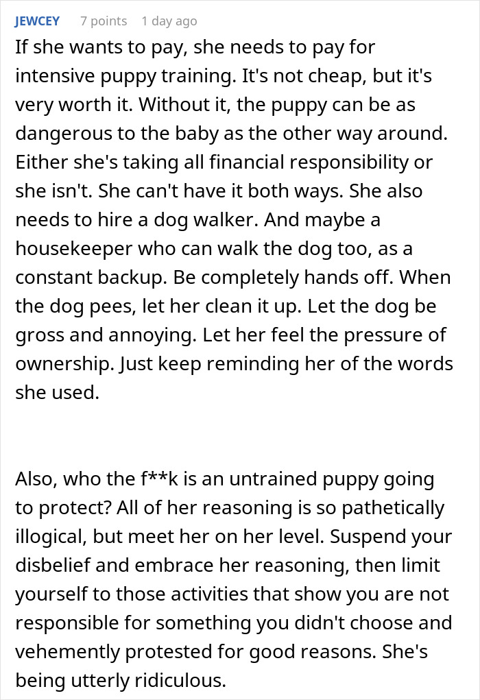 Text excerpt showing a man upset over unwanted puppy responsibility and discussing financial and care duties. Text excerpt showing a man upset over unwanted puppy responsibility and discussing financial and care duties.