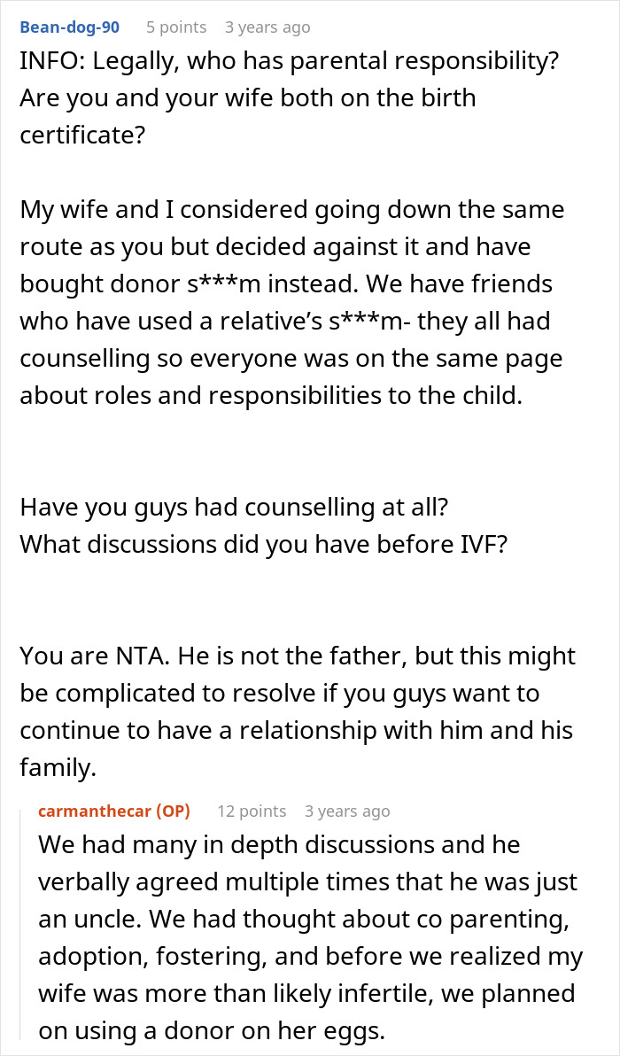 Forum excerpt discussing IVF and parental responsibility issues involving a guy helping his sister-in-law conceive. Forum excerpt discussing IVF and parental responsibility issues involving a guy helping his sister-in-law conceive.