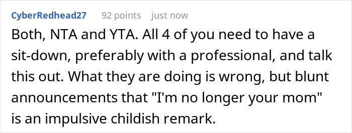 Screenshot of Reddit comment about stepkids turning cruel and refusing to call stepmom mom, discussing hurt and family conflict. Screenshot of Reddit comment about stepkids turning cruel and refusing to call stepmom mom, discussing hurt and family conflict.