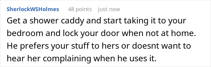 Text post showing advice on locking bedroom door to stop roommate’s boyfriend from using fancy products without permission. Text post showing advice on locking bedroom door to stop roommate’s boyfriend from using fancy products without permission.