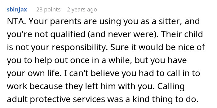 Comment discussing boundaries and responsibilities related to disabled brother’s care and a drop-off incident. Comment discussing boundaries and responsibilities related to disabled brother’s care and a drop-off incident.