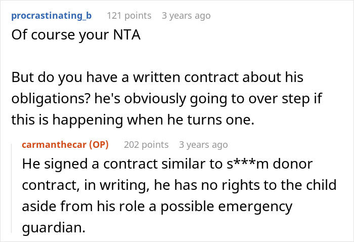 Comments discussing written contracts and parental rights when a guy helps sister-in-law conceive using IVF. Comments discussing written contracts and parental rights when a guy helps sister-in-law conceive using IVF.
