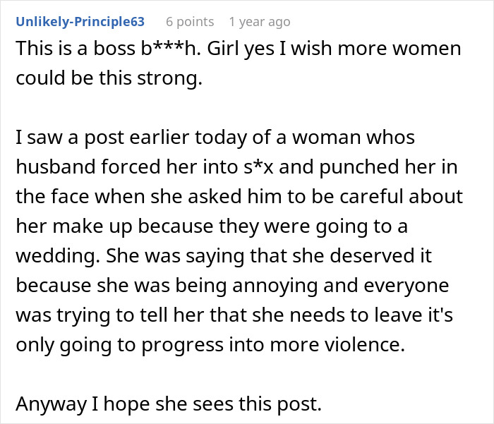 Comment discussing a woman’s strength and referencing domestic violence in a relationship conflict. Comment discussing a woman’s strength and referencing domestic violence in a relationship conflict.