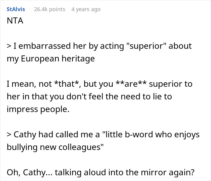 Screenshot of a Reddit comment discussing embarrassing a new colleague by speaking a claimed language. Screenshot of a Reddit comment discussing embarrassing a new colleague by speaking a claimed language.