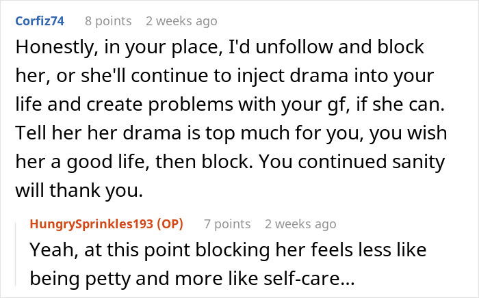 Conversation screenshot discussing blocking and self-care after rejection in a complex friendship and dating situation. Conversation screenshot discussing blocking and self-care after rejection in a complex friendship and dating situation.