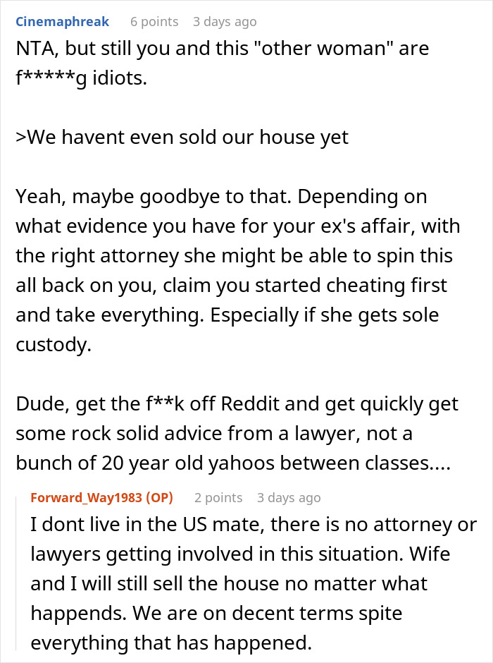 Reddit user discusses wife cheating, starting a new life with lover, and conflict over dating again after betrayal. Reddit user discusses wife cheating, starting a new life with lover, and conflict over dating again after betrayal.
