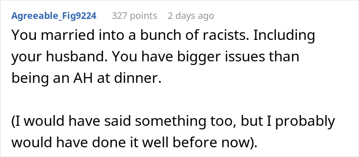 Commenter addressing racist slurs and family tension during a dinner dispute involving wife and BIL. Commenter addressing racist slurs and family tension during a dinner dispute involving wife and BIL.