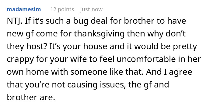 Commenter discussing man's reaction after brother's girlfriend mocks his wife, causing family tension during Thanksgiving.