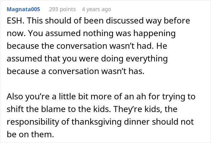 Comment discussing a woman upset her husband assumed she planned Thanksgiving when she has never done that. Comment discussing a woman upset her husband assumed she planned Thanksgiving when she has never done that.