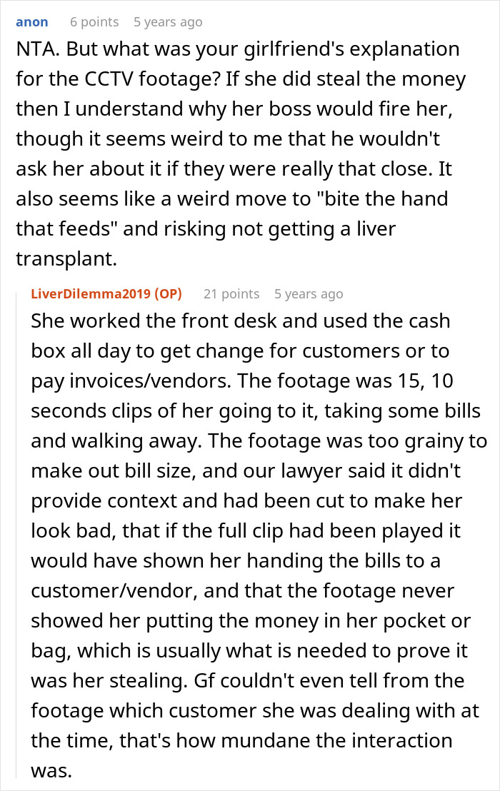 Discussion about refusing to donate liver and legal implications involving CCTV footage and workplace accusations.