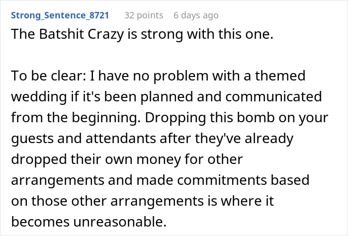 Comment criticizing last-minute Star Wars themed wedding plans, expressing concern over guests' commitments and costs. Comment criticizing last-minute Star Wars themed wedding plans, expressing concern over guests' commitments and costs.